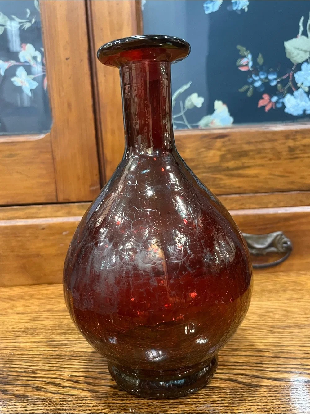 Vintage Burgundy Crackle Art Glass Vase Hand Blown Pontil 9.5” Artsy Collectable